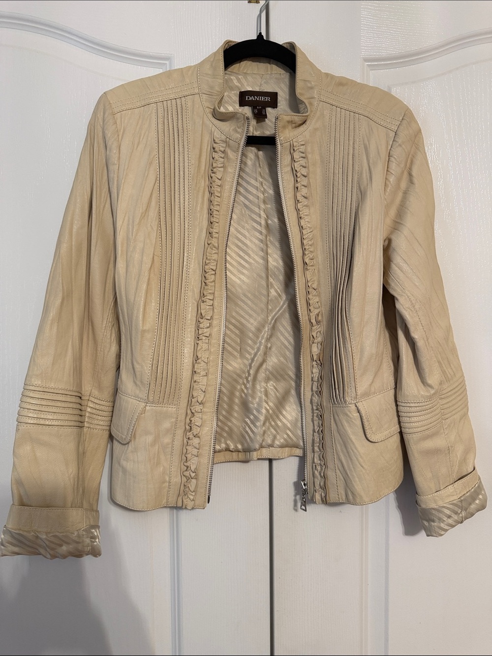 Danier Light Cream Leather Jacket with Ruffle Trim